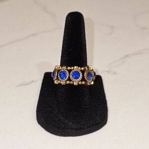 Vintage Cobalt Blue Sparkly Rhinestone Gold Tone Stretch Fashion Ring Size 6+